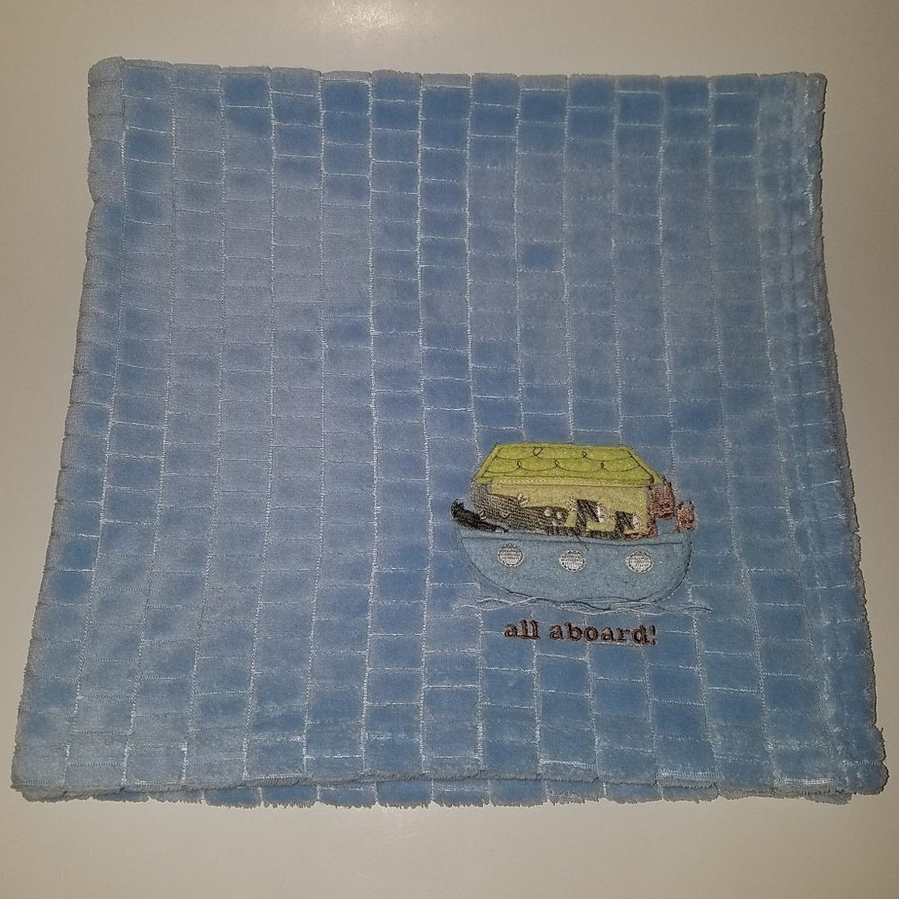 All Aboard Noah's Ark Blue Fleece Baby Blanket Lovey Giraffes Zebras Rhinos Soft